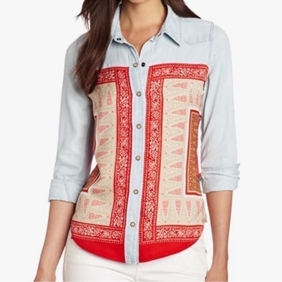 Lucky Brand Dixie Bandana Scarf Print Snap Front Western Top - Picture 1 of 16